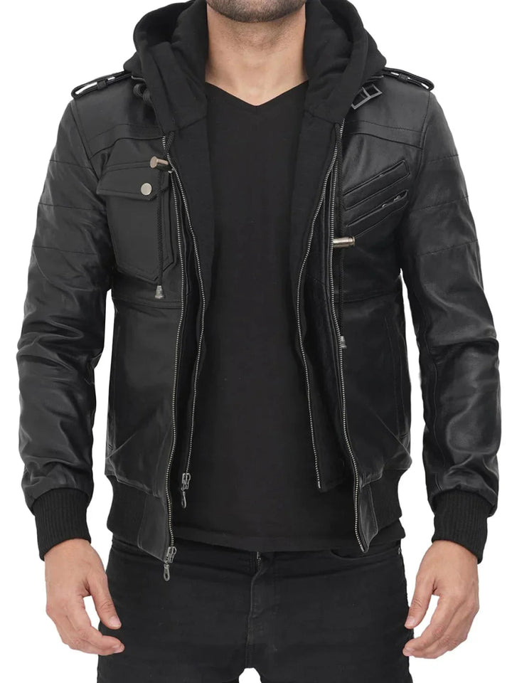 Edinburgh Black Hooded Leather Jacket - Male - XS - Edinburgh Black Hooded Leather Jacket - Tatoo Tee