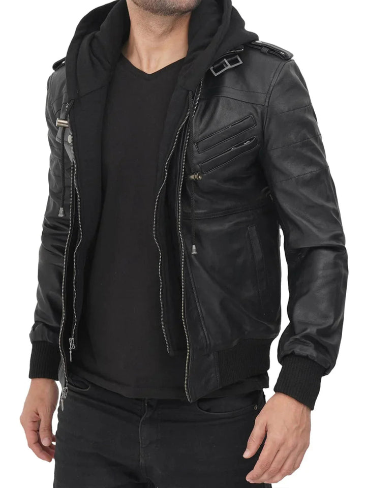 Edinburgh Black Hooded Leather Jacket - Male - XS - Edinburgh Black Hooded Leather Jacket - Tatoo Tee
