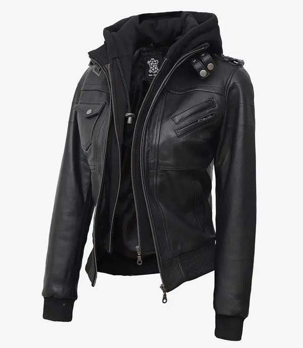 Edinburgh Women's Bomber Black Leather Jacket with Removable Hood