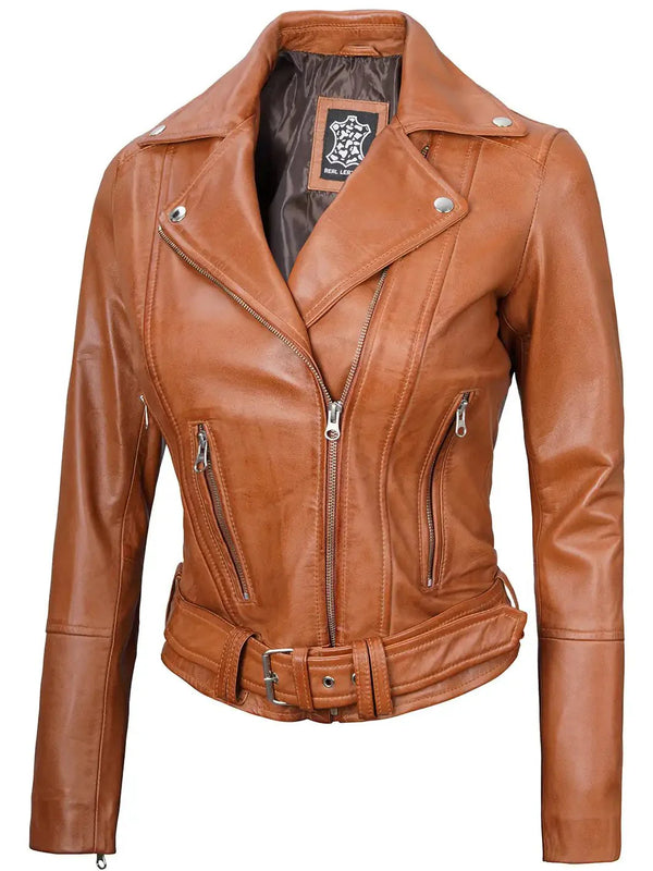 Elisa Womens Light Brown Biker  Leather Jacket
