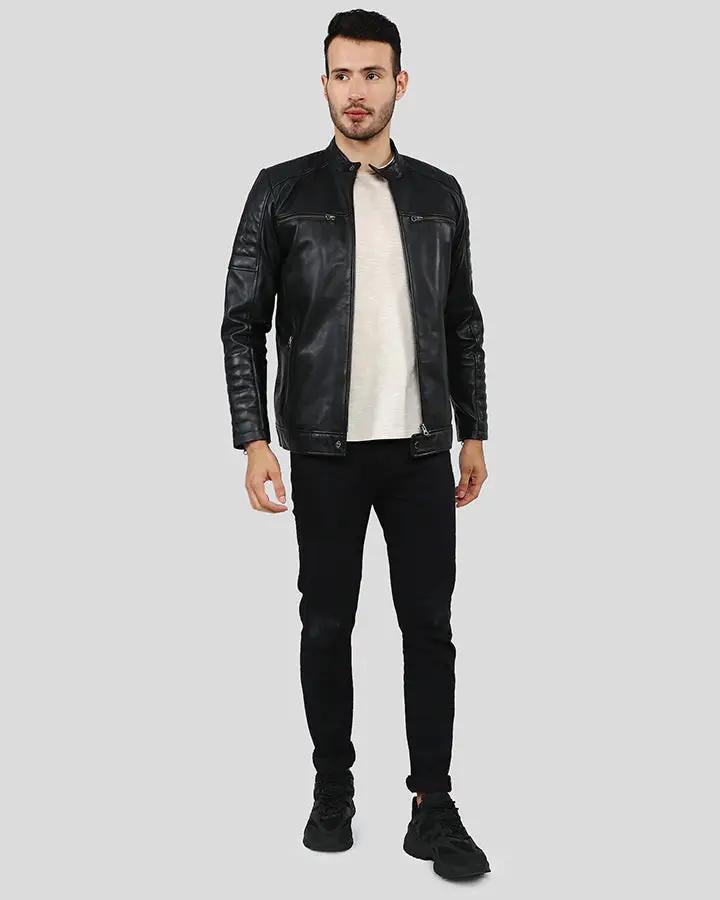 Enzo Black Slim Fit Leather Racer Jacket - XS - Enzo Black Slim Fit Leather Racer Jacket - Tatoo Tee