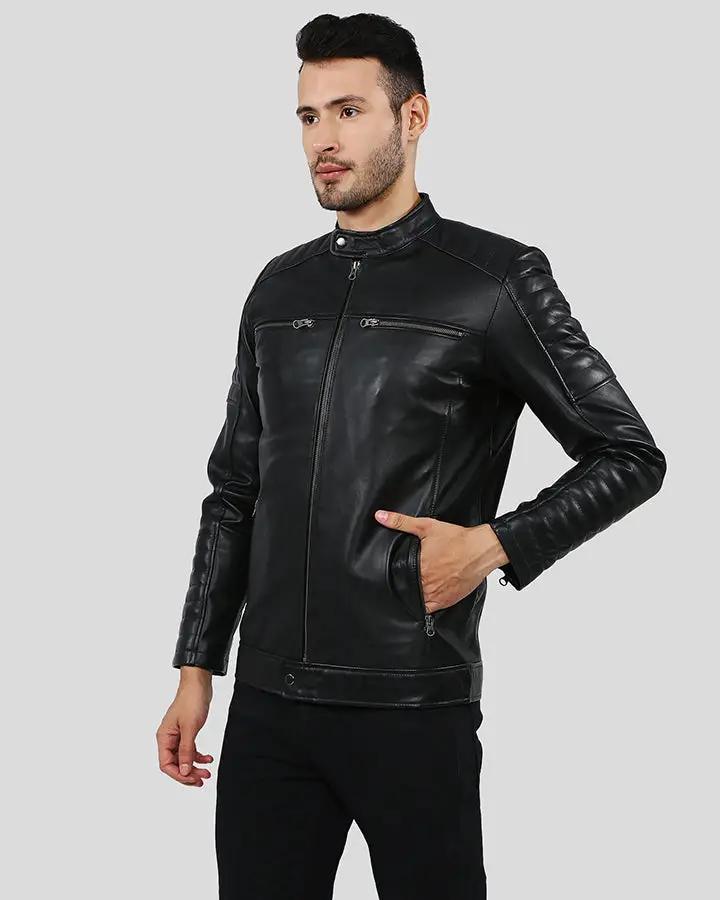 Enzo Black Slim Fit Leather Racer Jacket - XS - Enzo Black Slim Fit Leather Racer Jacket - Tatoo Tee
