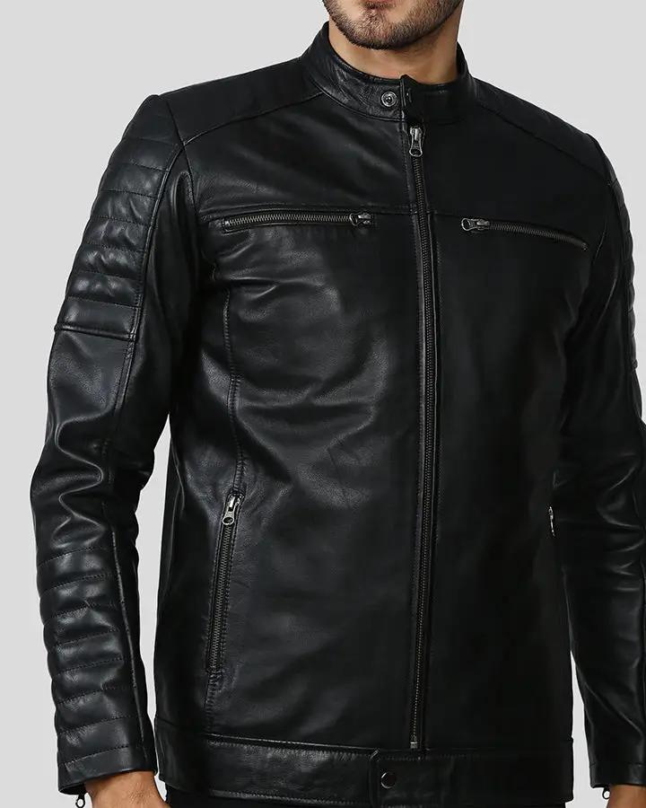 Enzo Black Slim Fit Leather Racer Jacket - XS - Enzo Black Slim Fit Leather Racer Jacket - Tatoo Tee