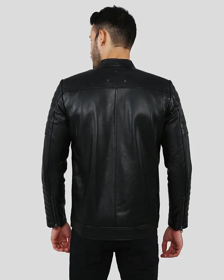 Enzo Black Slim Fit Leather Racer Jacket - XS - Enzo Black Slim Fit Leather Racer Jacket - Tatoo Tee