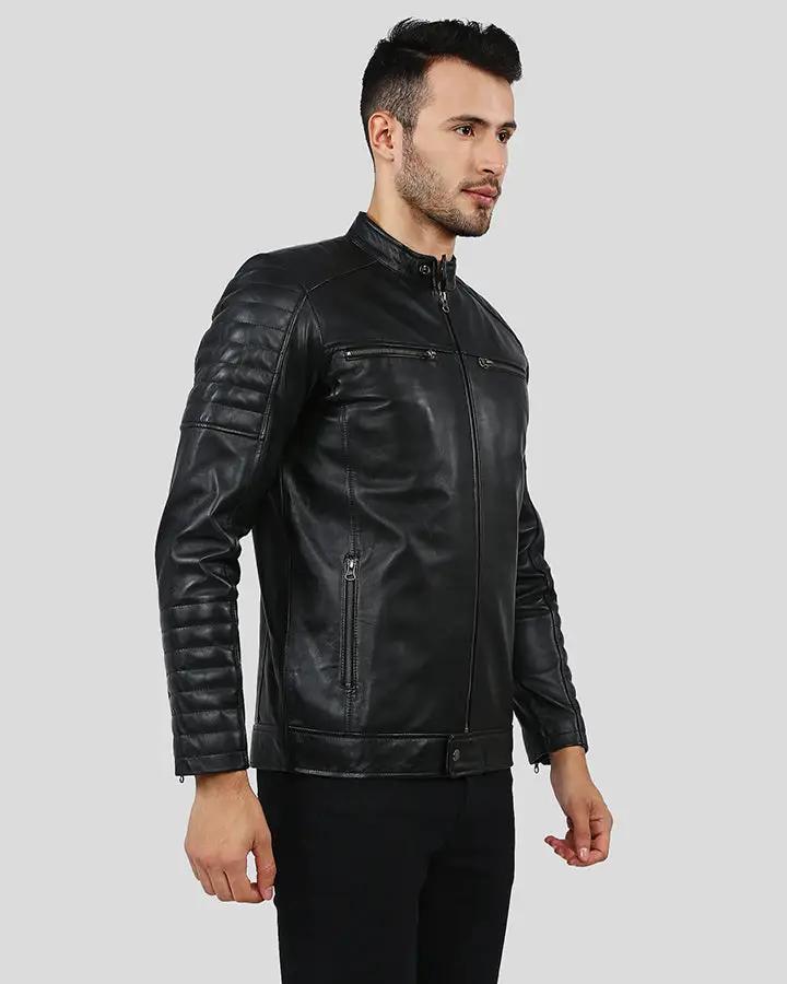 Enzo Black Slim Fit Leather Racer Jacket - XS - Enzo Black Slim Fit Leather Racer Jacket - Tatoo Tee