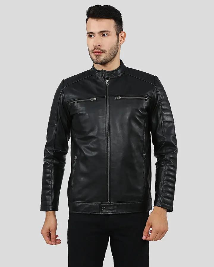 Enzo Black Slim Fit Leather Racer Jacket - XS - Enzo Black Slim Fit Leather Racer Jacket - Tatoo Tee
