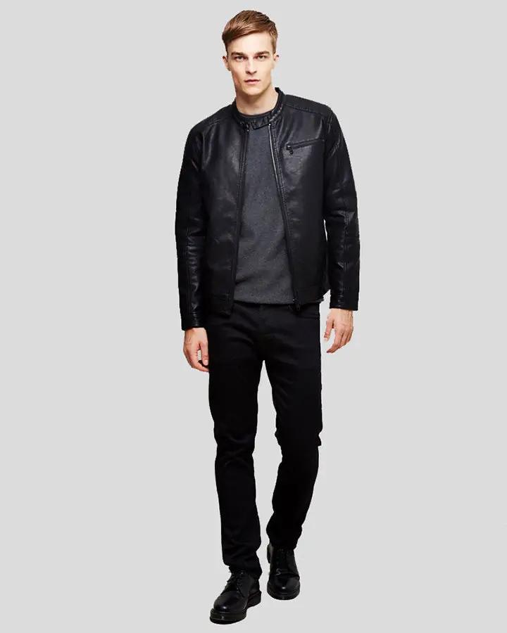 Eric Black Leather Racer Jacket - XS - Eric Black Leather Racer Jacket - Tatoo Tee