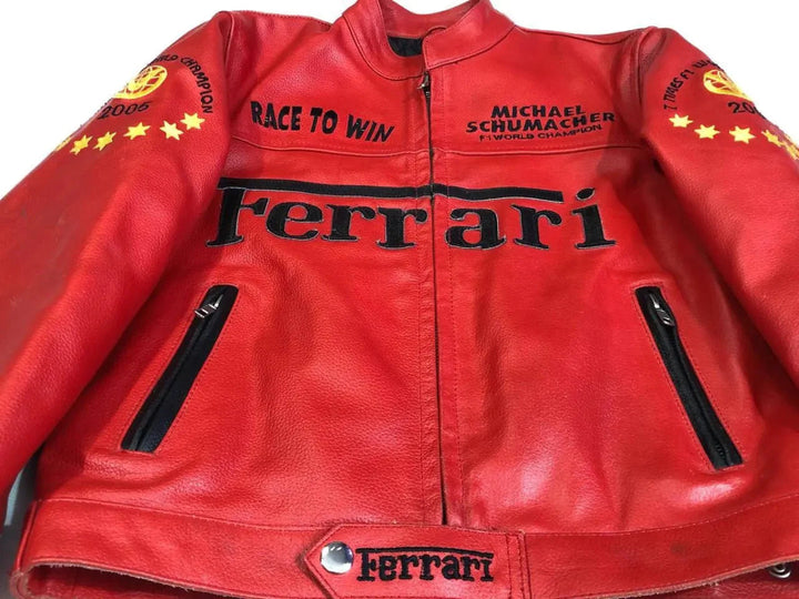 F1 MS Ferrari Red Leather Jacket - XS - F1 MS Ferrari Red Leather Jacket - Tatoo Tee