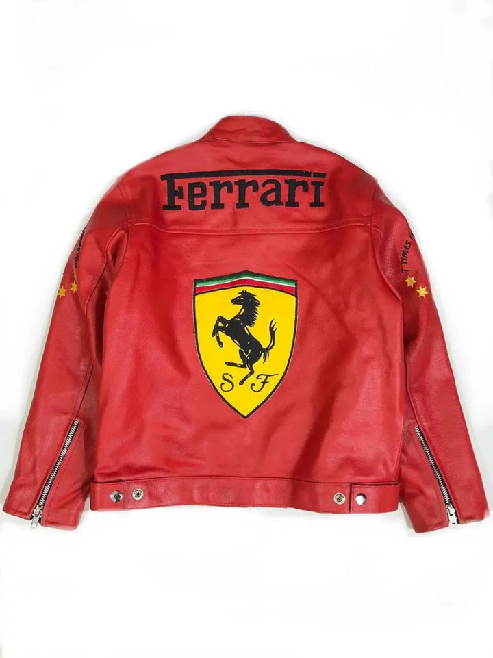 F1 MS Ferrari Red Leather Jacket - XS - F1 MS Ferrari Red Leather Jacket - Tatoo Tee