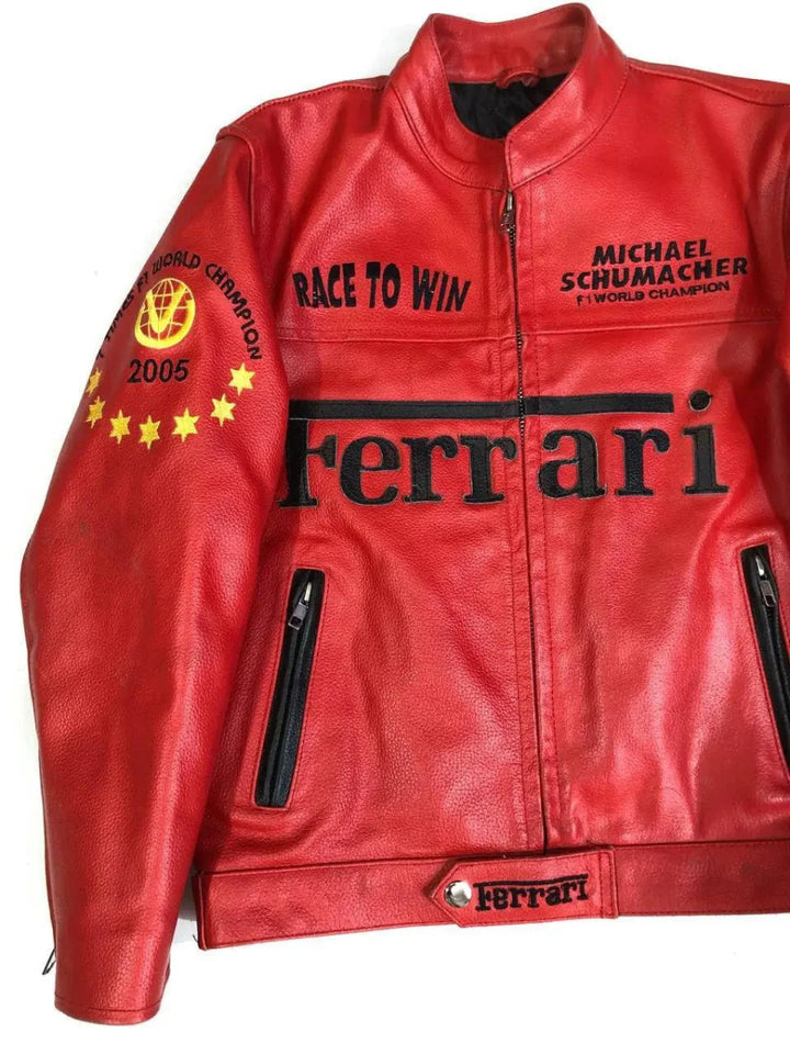 F1 MS Ferrari Red Leather Jacket - XS - F1 MS Ferrari Red Leather Jacket - Tatoo Tee