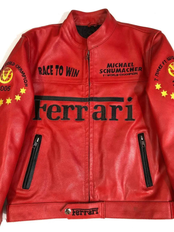 F1 MS Ferrari Red Leather Jacket - XS - F1 MS Ferrari Red Leather Jacket - Tatoo Tee