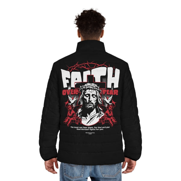 Faith Over Fear Men's Puffer Jacket - Stylish and Cozy Winter Outerwear - S - Black zipper - Faith Over Fear Men's Puffer Jacket - Stylish and Cozy Winter Outerwear - Tatoo Tee