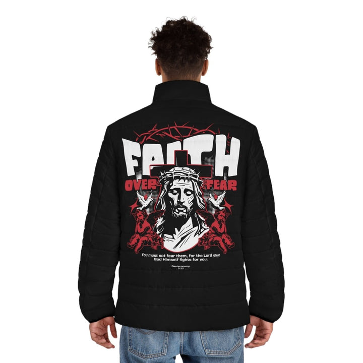 Faith Over Fear Men's Puffer Jacket - Stylish and Cozy Winter Outerwear - S - Black zipper - Faith Over Fear Men's Puffer Jacket - Stylish and Cozy Winter Outerwear - Tatoo Tee