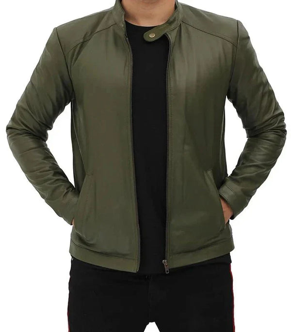 Fano Mens Olive Green Lambskin Leather Biker Jacket