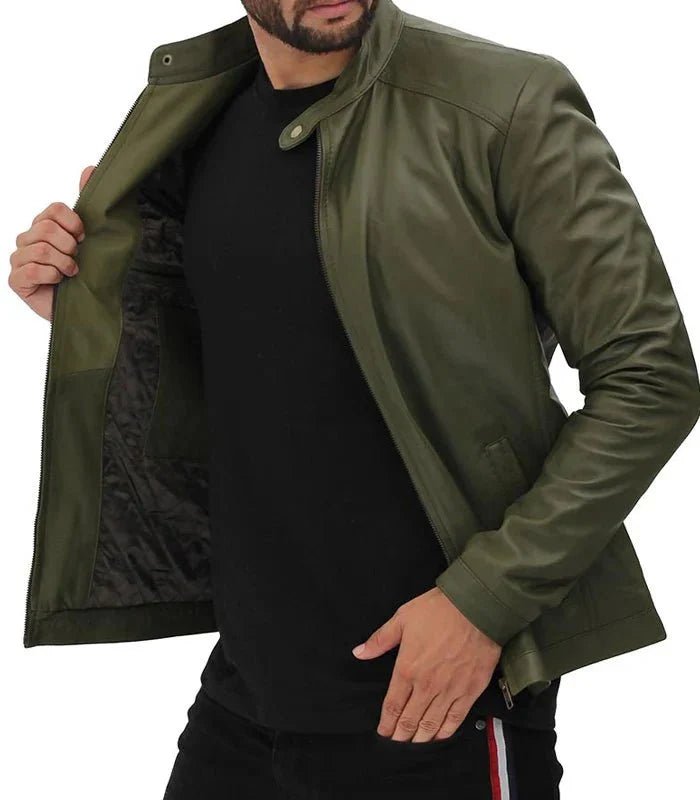 Fano Mens Olive Green Lambskin Leather Biker Jacket - Male - XS - Fano Mens Olive Green Lambskin Leather Biker Jacket - Tatoo Tee
