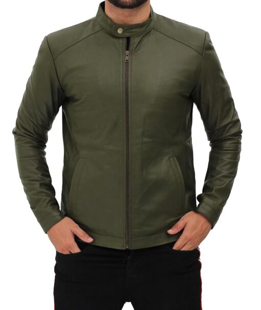 Fano Mens Olive Green Lambskin Leather Biker Jacket - Male - XS - Fano Mens Olive Green Lambskin Leather Biker Jacket - Tatoo Tee