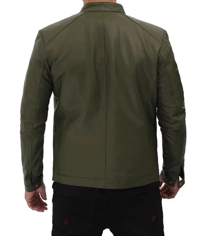 Fano Mens Olive Green Lambskin Leather Biker Jacket - Male - XS - Fano Mens Olive Green Lambskin Leather Biker Jacket - Tatoo Tee