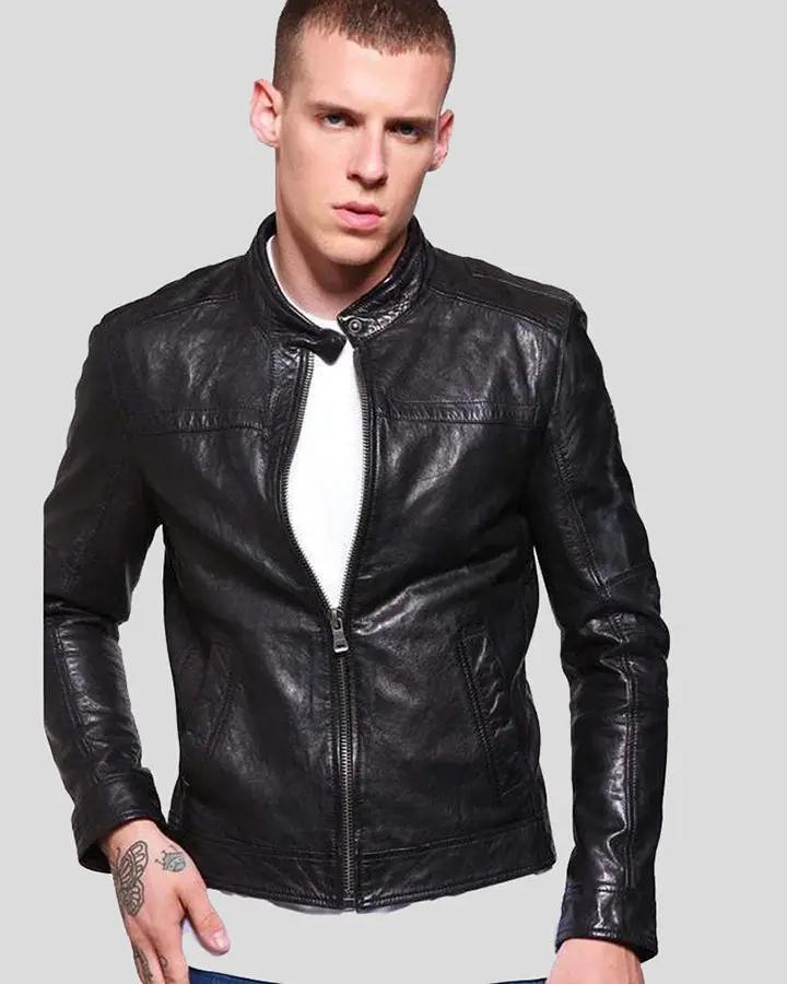 Ferd Black Slim Fit Leather Racer Jacket - XS - Ferd Black Slim Fit Leather Racer Jacket - Tatoo Tee