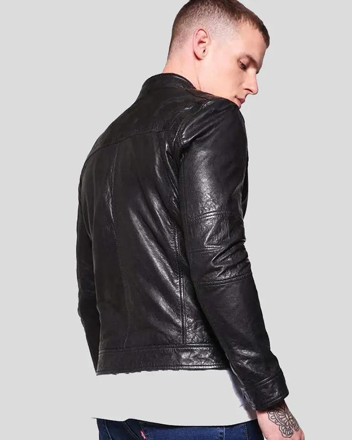 Ferd Black Slim Fit Leather Racer Jacket - XS - Ferd Black Slim Fit Leather Racer Jacket - Tatoo Tee