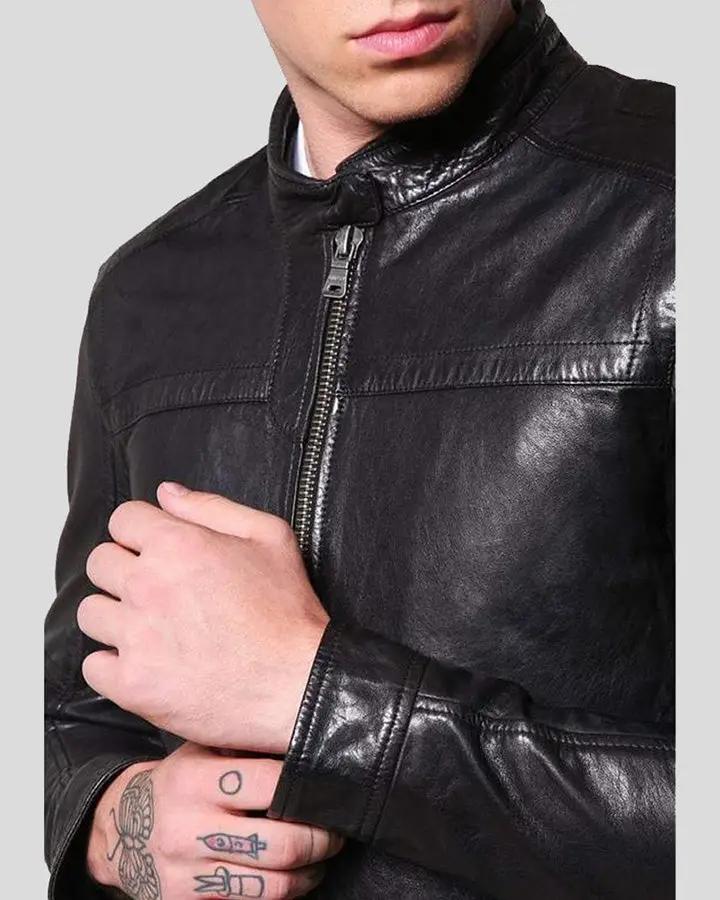 Ferd Black Slim Fit Leather Racer Jacket - XS - Ferd Black Slim Fit Leather Racer Jacket - Tatoo Tee