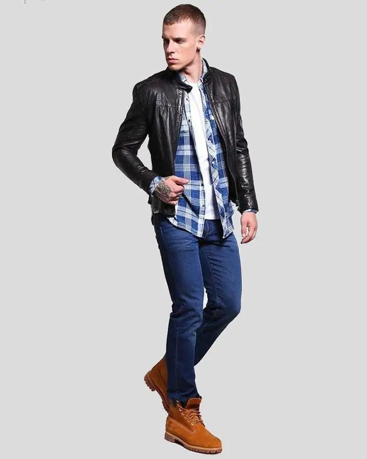 Ferd Black Slim Fit Leather Racer Jacket - XS - Ferd Black Slim Fit Leather Racer Jacket - Tatoo Tee