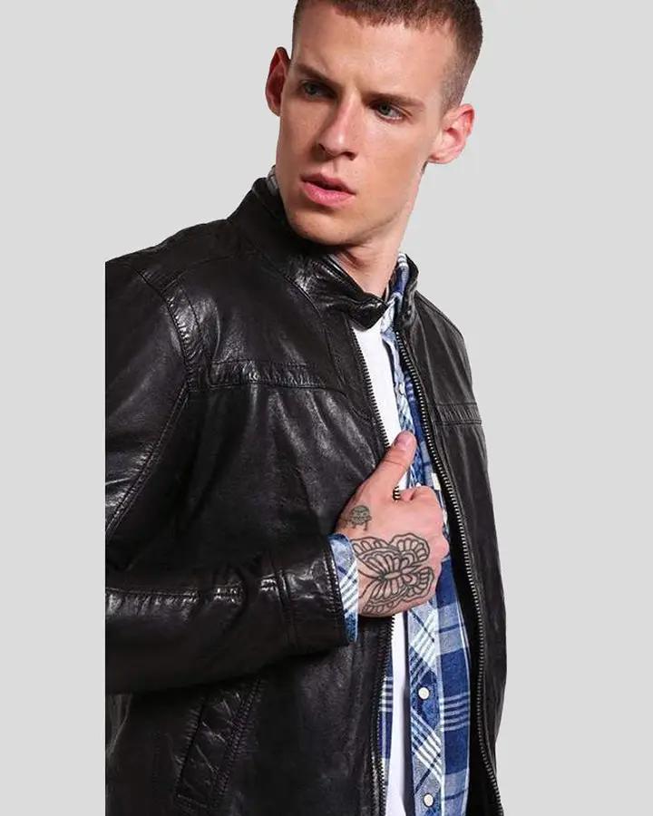 Ferd Black Slim Fit Leather Racer Jacket - XS - Ferd Black Slim Fit Leather Racer Jacket - Tatoo Tee