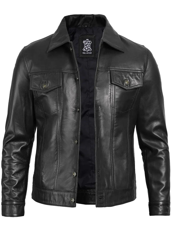Fernando Mens Black Leather Trucker Jacket