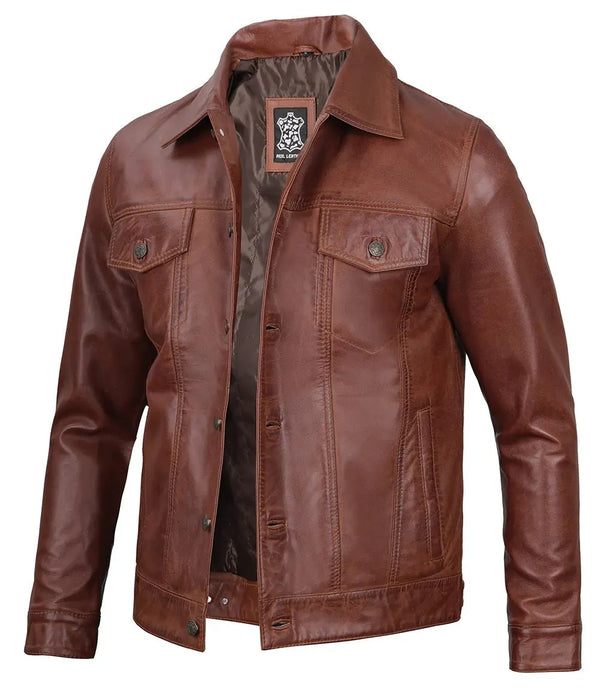 Fernando Men's Brown Harrington Leather Trucker Jacket