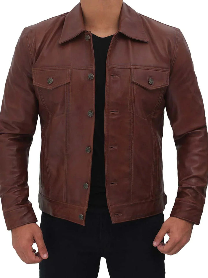 Fernando Men's Brown Leather Trucker Jacket - Male - XS - Fernando Men's Brown Leather Trucker Jacket - Tatoo Tee