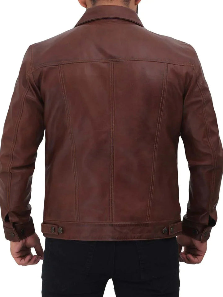 Fernando Men's Brown Leather Trucker Jacket - Male - XS - Fernando Men's Brown Leather Trucker Jacket - Tatoo Tee
