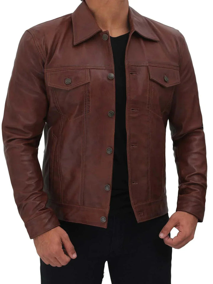 Fernando Men's Brown Leather Trucker Jacket - Male - XS - Fernando Men's Brown Leather Trucker Jacket - Tatoo Tee