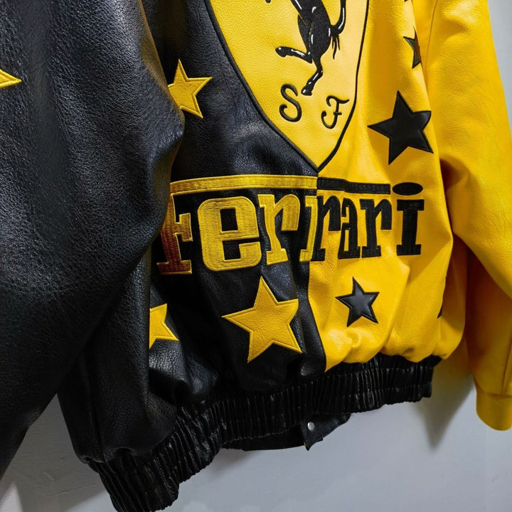 Ferrari Black - Yellow Leather Vintage Racing Jacket - XS - Ferrari Black - Yellow Leather Vintage Racing Jacket - Tatoo Tee