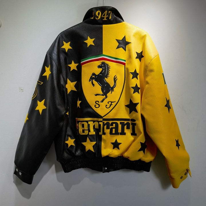 Ferrari Black - Yellow Leather Vintage Racing Jacket - XS - Ferrari Black - Yellow Leather Vintage Racing Jacket - Tatoo Tee