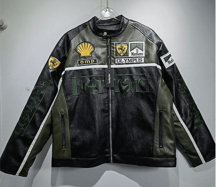 Ferrari Green - Black Leather Vintage Racing Jacket - XS - Ferrari Green - Black Leather Vintage Racing Jacket - Tatoo Tee