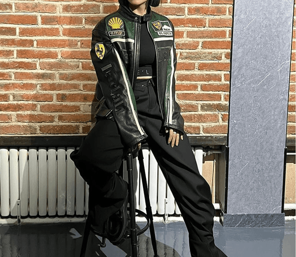 Ferrari Green - Black Leather Vintage Racing Jacket - XS - Ferrari Green - Black Leather Vintage Racing Jacket - Tatoo Tee