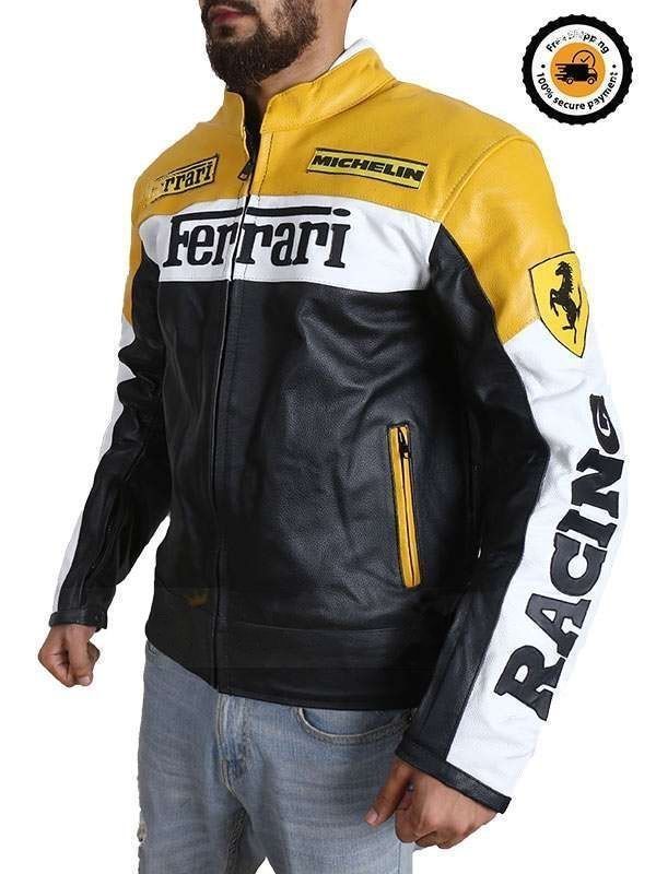 Ferrari Leather Motorcycle Jacket Yellow - Female - XS - Ferrari Leather Motorcycle Jacket Yellow - Tatoo Tee
