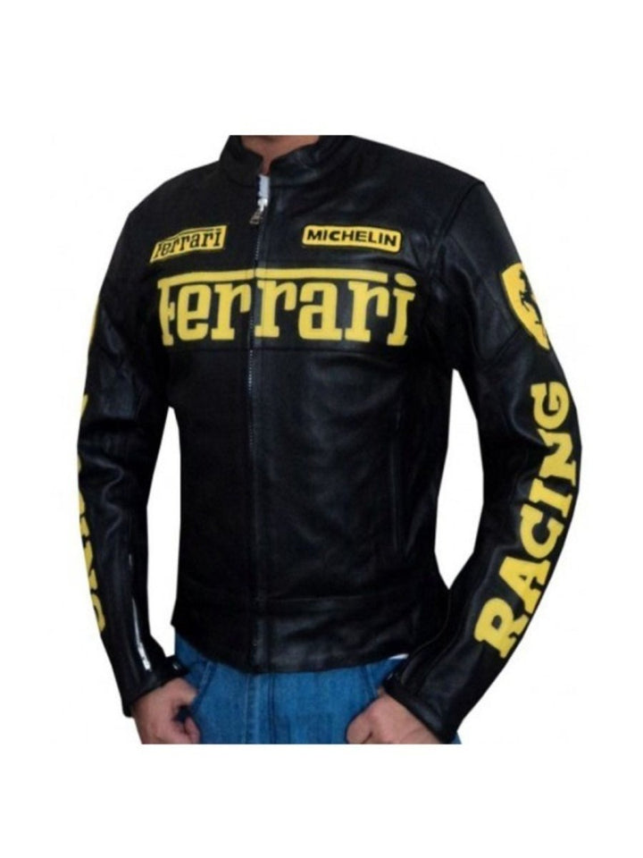 Ferrari Motorcycle Black Leather Racing Jacket - Male - XS - Ferrari Motorcycle Black Leather Racing Jacket - Tatoo Tee