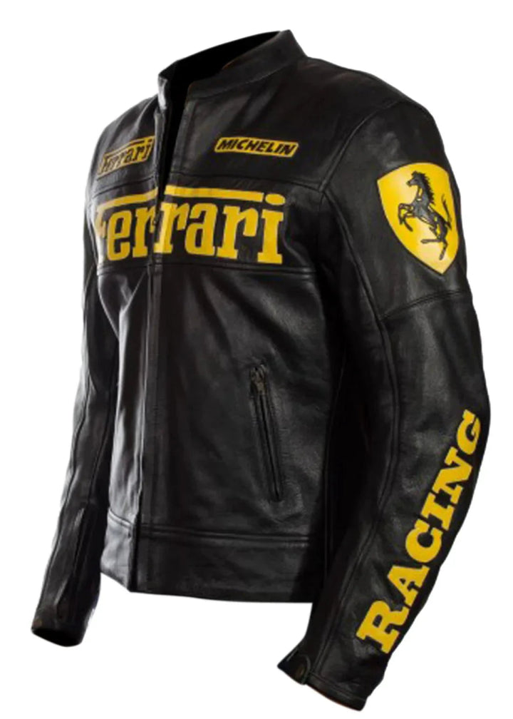 Ferrari Motorcycle Black Leather Racing Jacket - Male - XS - Ferrari Motorcycle Black Leather Racing Jacket - Tatoo Tee