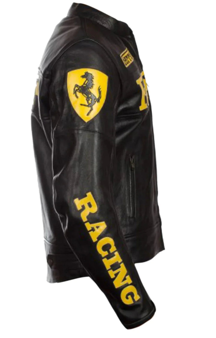 Ferrari Motorcycle Black Leather Racing Jacket - Male - XS - Ferrari Motorcycle Black Leather Racing Jacket - Tatoo Tee