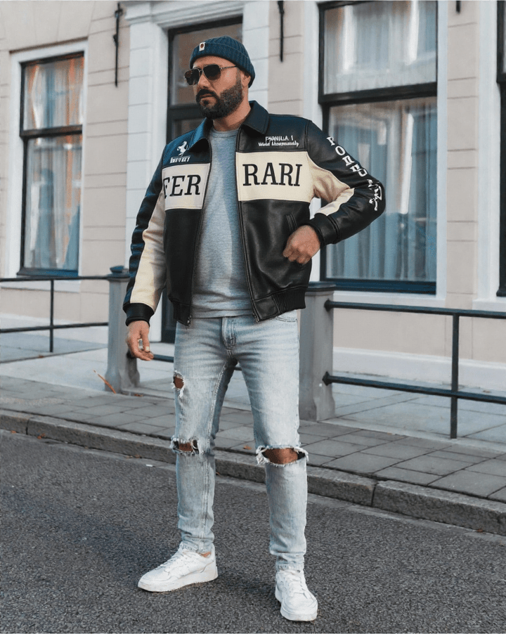 Ferrari Racing F1 Leather Bomber Jacket - Male - XS - Ferrari Racing F1 Leather Bomber Jacket - Tatoo Tee