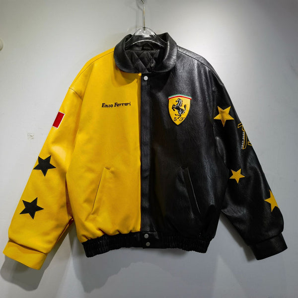 Ferrari Black-Yellow Leather Vintage Racing Jacket