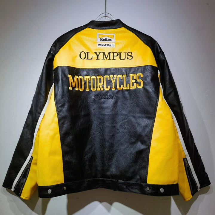 Ferrari Yellow - Black Leather Vintage Racing Jacket - XS - Ferrari Yellow - Black Leather Vintage Racing Jacket - Tatoo Tee