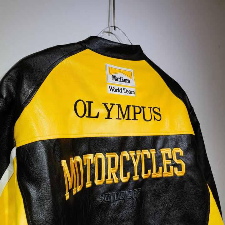 Ferrari Yellow - Black Leather Vintage Racing Jacket - XS - Ferrari Yellow - Black Leather Vintage Racing Jacket - Tatoo Tee