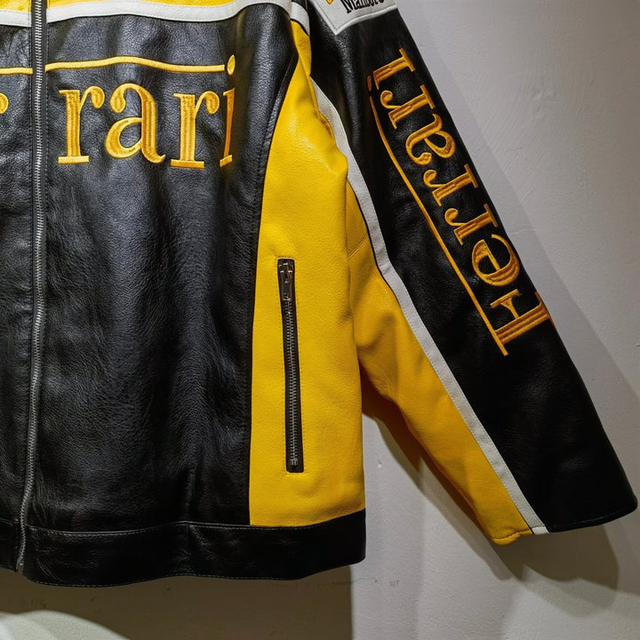 Ferrari Yellow - Black Leather Vintage Racing Jacket - XS - Ferrari Yellow - Black Leather Vintage Racing Jacket - Tatoo Tee