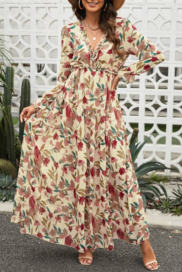 Floral Frill Trim Flounce Sleeve Plunge Maxi Dress - Sand - S - bb582adb2c494a7bbe720e0a1b13b9e8 - Max - Tatoo Tee