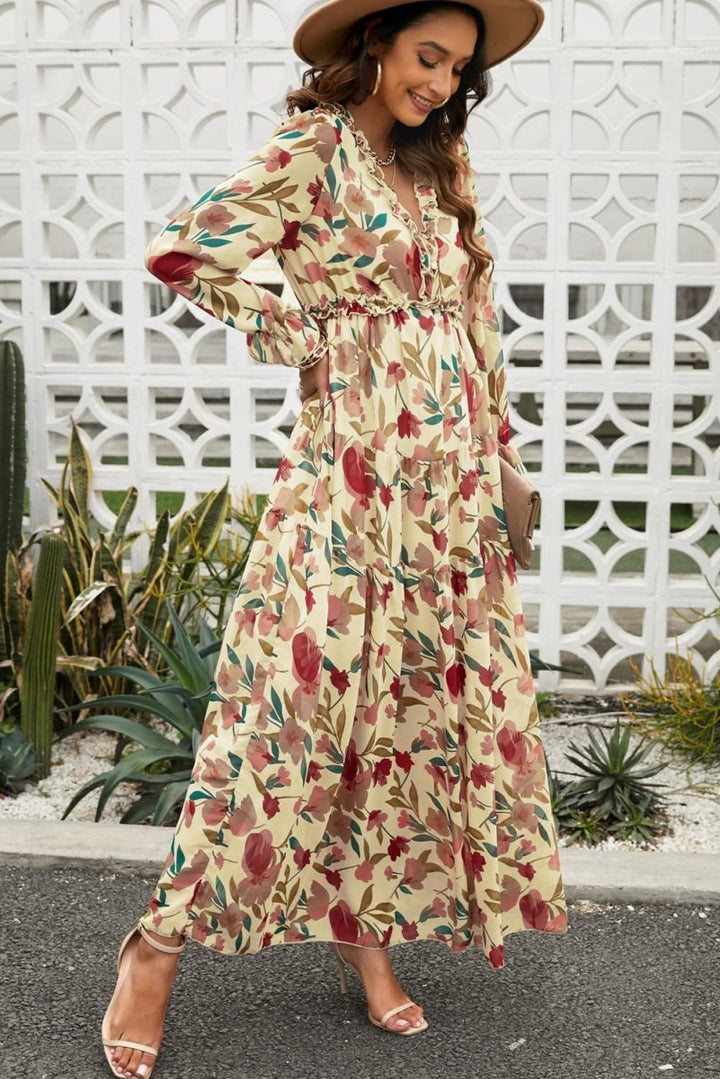 Floral Frill Trim Flounce Sleeve Plunge Maxi Dress - Sand - S - fcae4a6e919e4bb497f159fa16acf2cb - Max - Tatoo Tee
