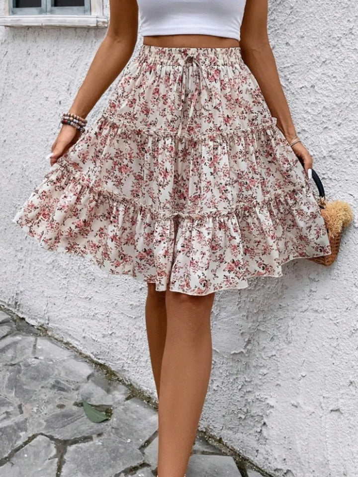 Floral Print Midi Skirt - Apricot - S - 091deddb752e4577b0c730faca921daf - Max - Origin - Tatoo Tee