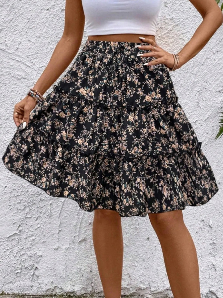 Floral Print Midi Skirt - Black - S - 381f791ab22944cc8a4e7da6488f451d - Max - Origin - Tatoo Tee