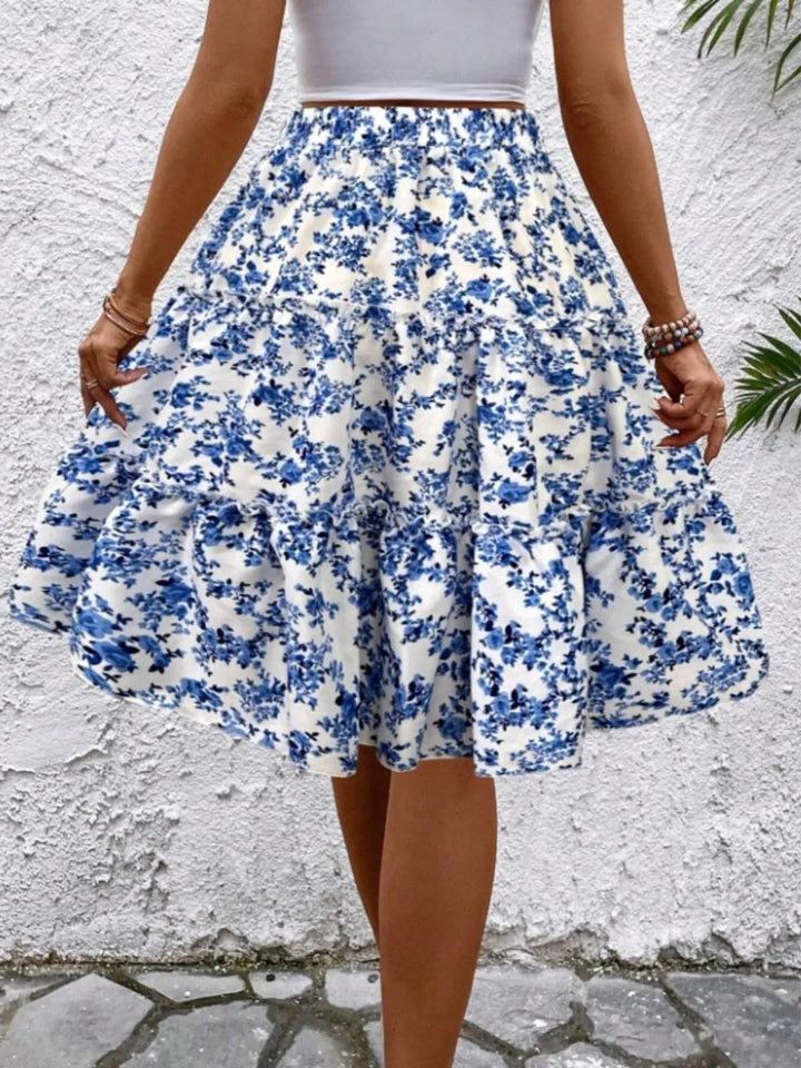 Floral Print Midi Skirt - Sky Blue - S - 2222480718aa4240a4ea640cdfd110db - Max - Origin - Tatoo Tee