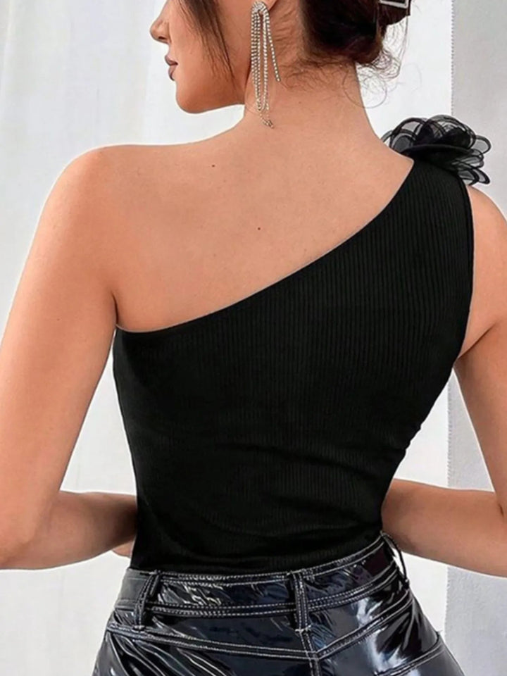 Flower Ribbed Single Shoulder Tank - Black - S - 26d0e69fc9e043c6b0cbfa5b0f82fa9d - Max - Origin - Tatoo Tee